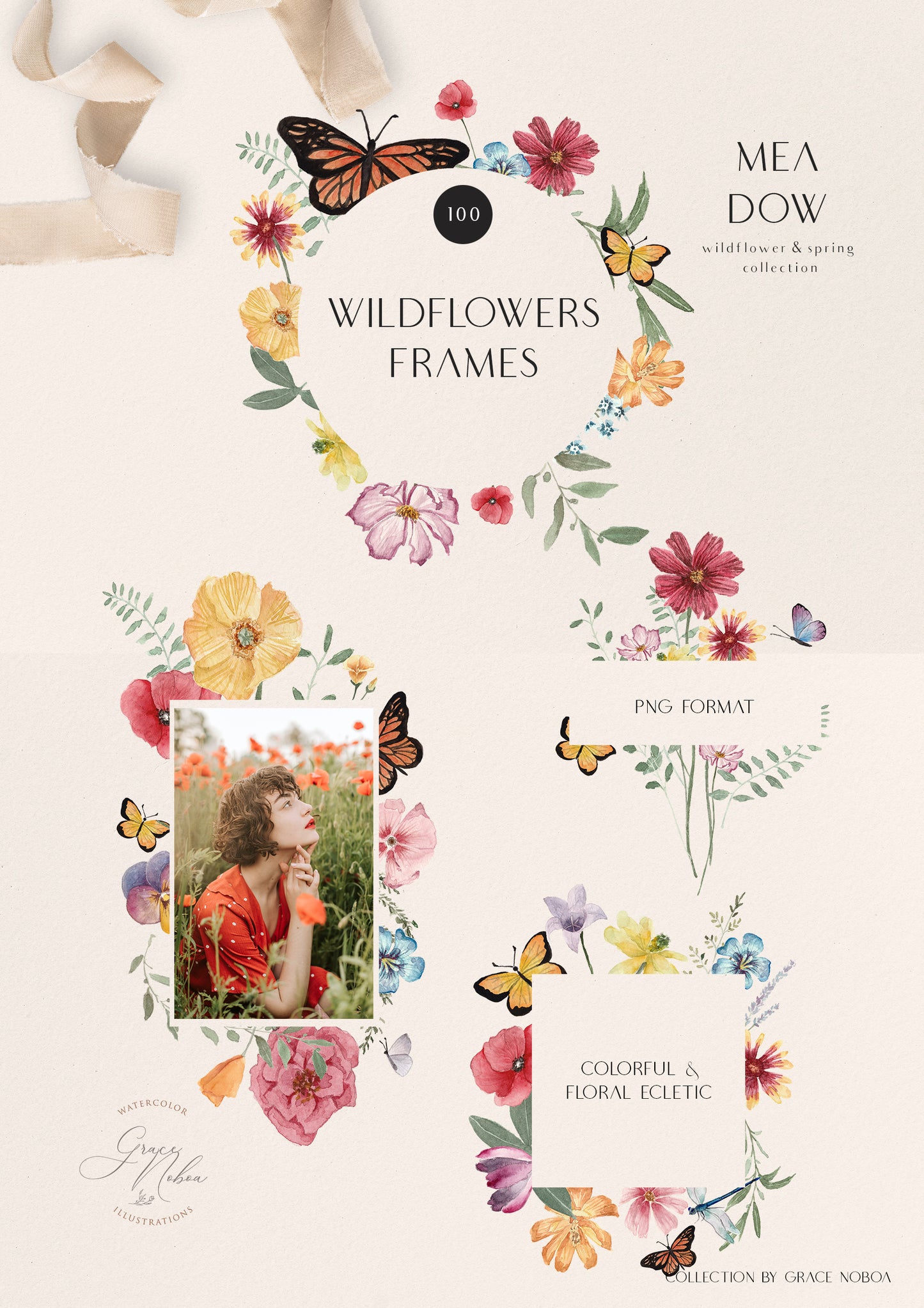 Meadow bright wild flowers watercolor clipart set