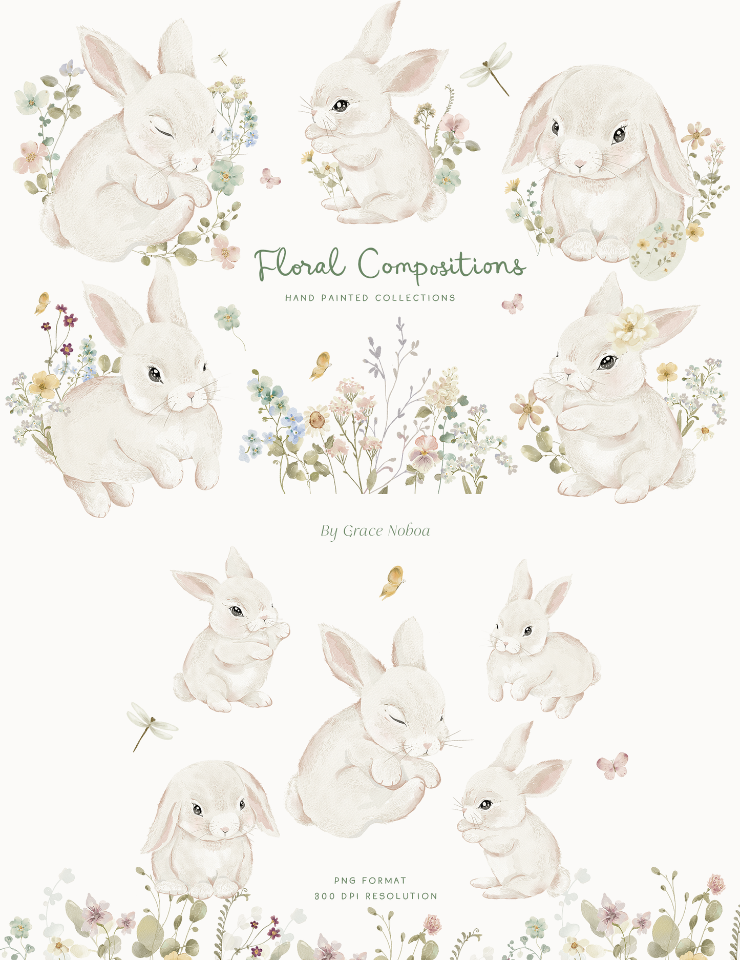 Easter watercolor cottagecore Bunny Spring wildflower meadow set