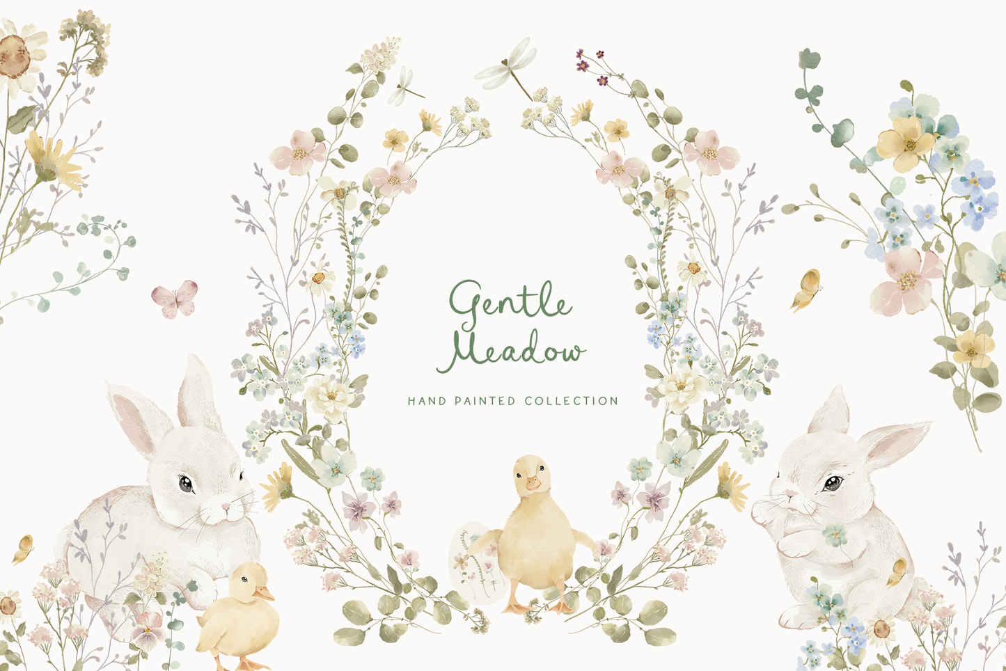 Easter watercolor cottagecore Bunny Spring wildflower meadow set