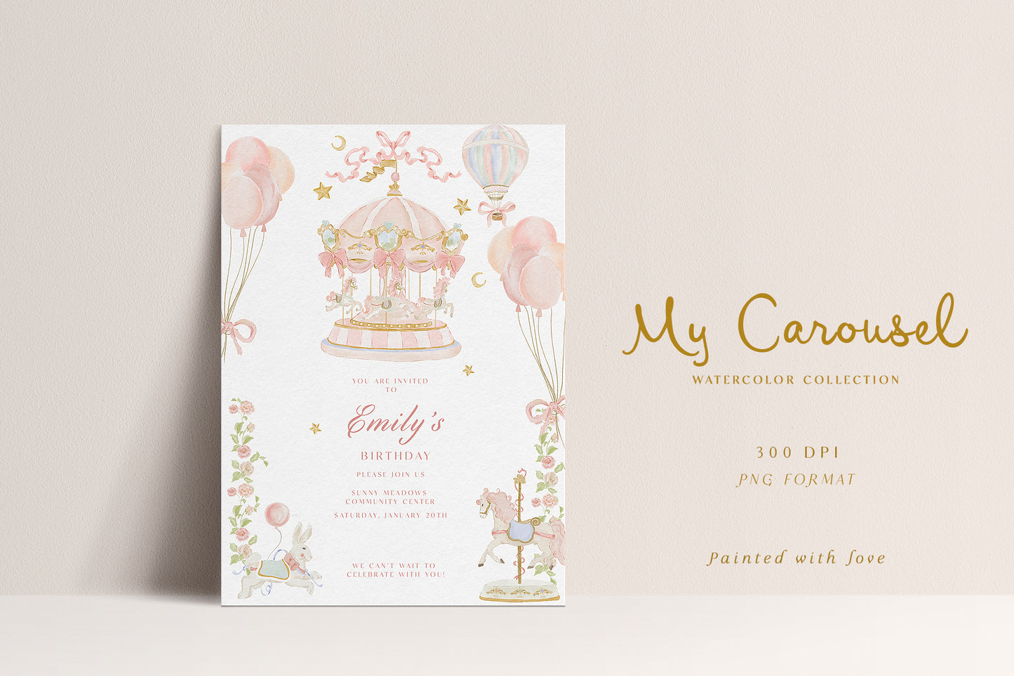 Watercolor Carousel unicorn ballerina pink circus swan clipart