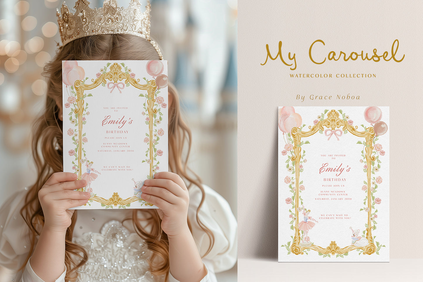 Watercolor Carousel unicorn ballerina pink circus swan clipart