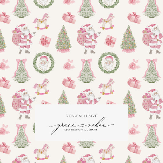 Watercolor grandmillenial pink christmas chinoiserie holiday pattern nutcracker