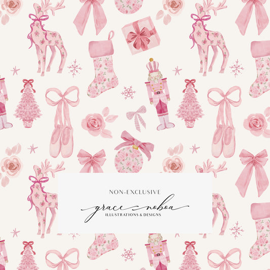 Watercolor grandmillenial pink christmas chinoiserie holiday pattern santa claus