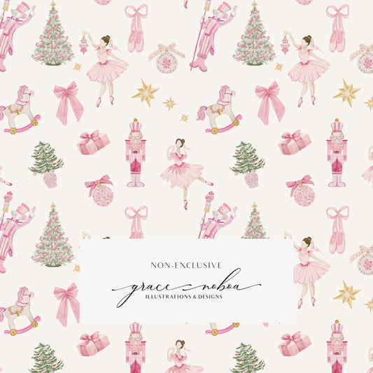 Watercolor grandmillenial pink christmas chinoiserie holiday pattern ballerina nutcracker