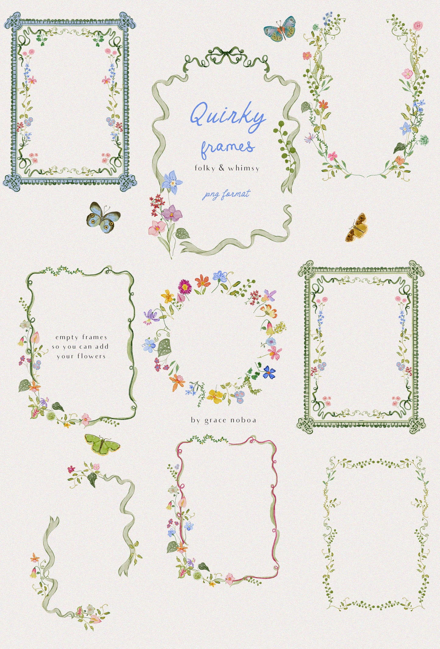 Watercolor quirky and whimsical summer spring flowers for fun and colorful stationary