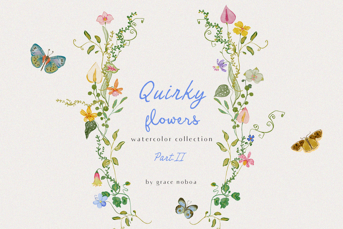 Watercolor quirky and whimsical summer spring flowers for fun and colorful stationary