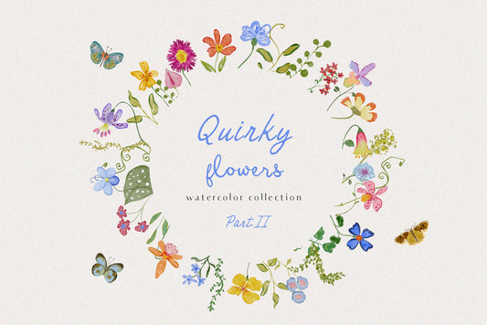 Watercolor quirky and whimsical summer spring flowers for fun and colorful stationary