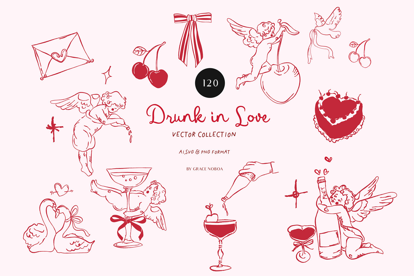 Valentine's day Cherups vintage angel babies, Pink galentines vector illustrations