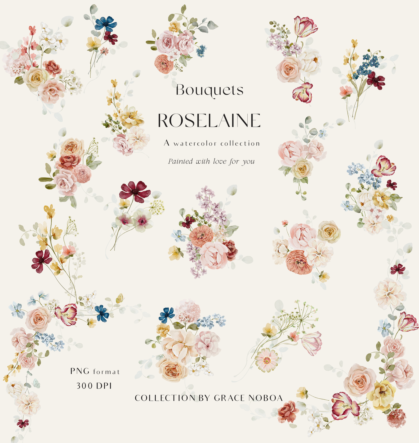 Watercolor Bright Garden flowers clipart collection