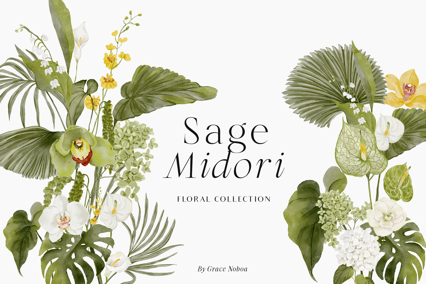 Watercolor green tropical flowers clipart with monsteras Orchids white roses