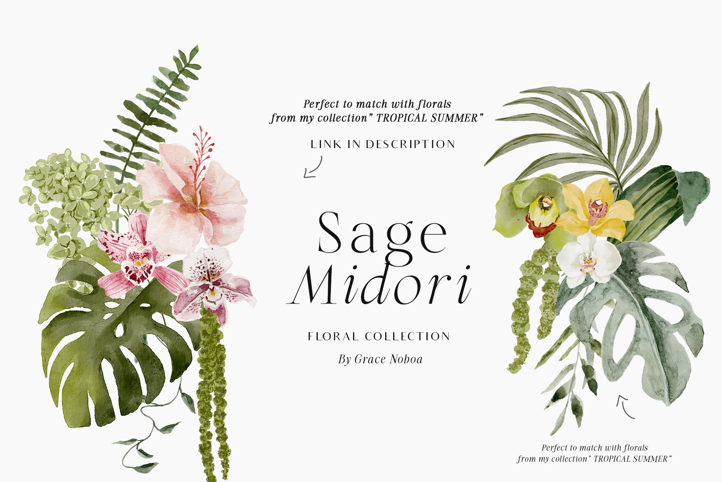 Watercolor green tropical flowers clipart with monsteras Orchids white roses