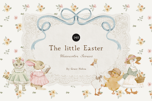 Wtercolor grandmillenial cottage spring storybook vintage illustrations