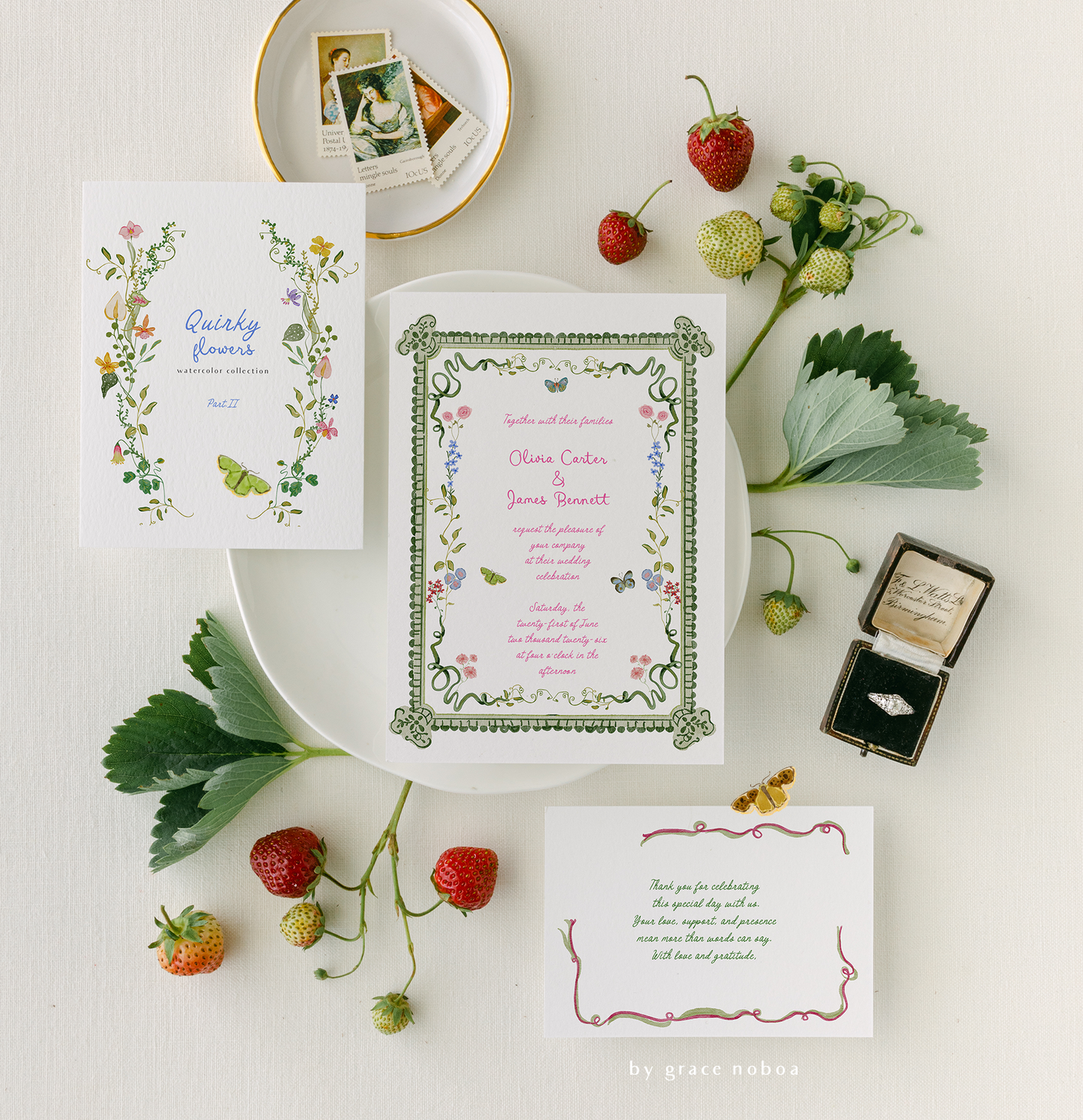Watercolor quirky and whimsical summer spring flowers for fun and colorful stationary