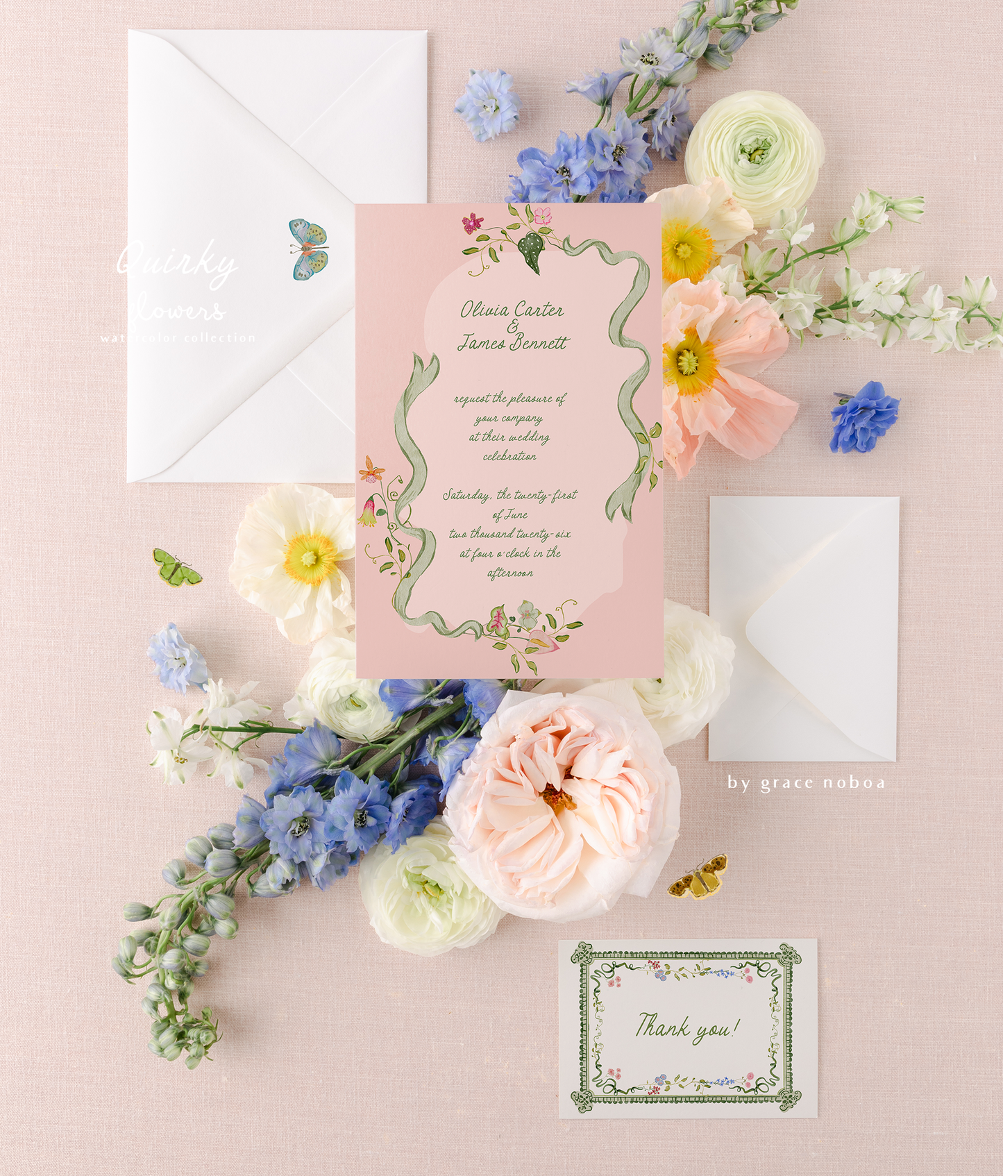 Watercolor quirky and whimsical summer spring flowers for fun and colorful stationary
