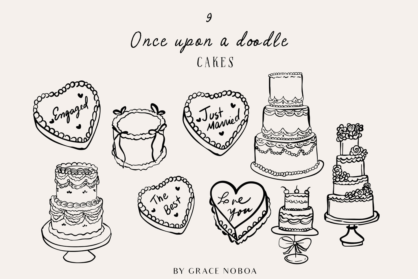Watercolor Wedding  Whimsical doodle line art