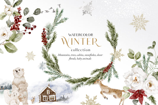 Watercolor Christmas winter grennery florals clipart