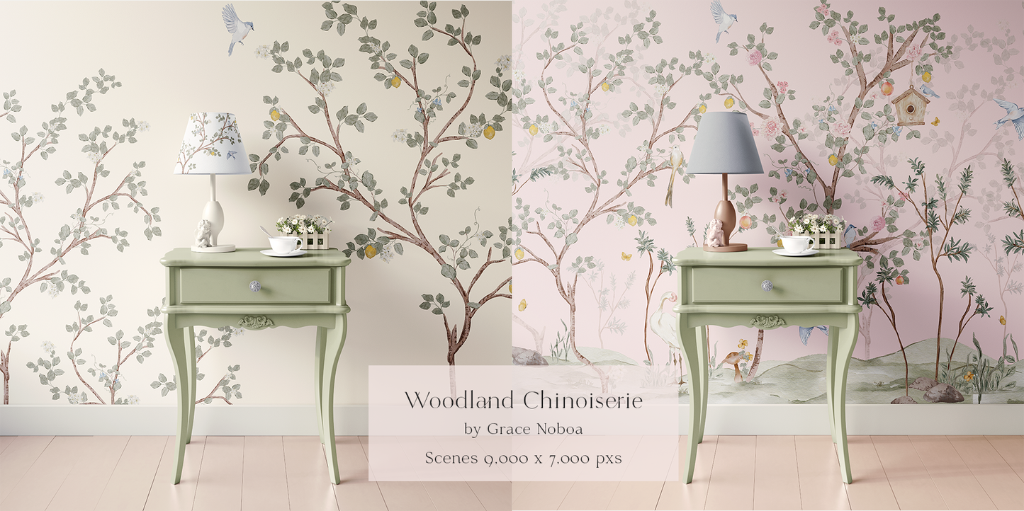 Watercolor woodland chinoiserie collection