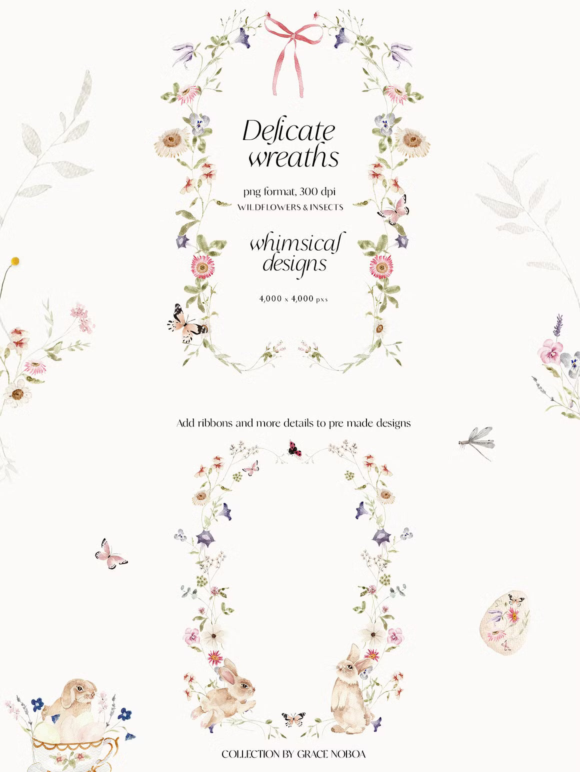 Watercolor wildflowers & Bunnies Set