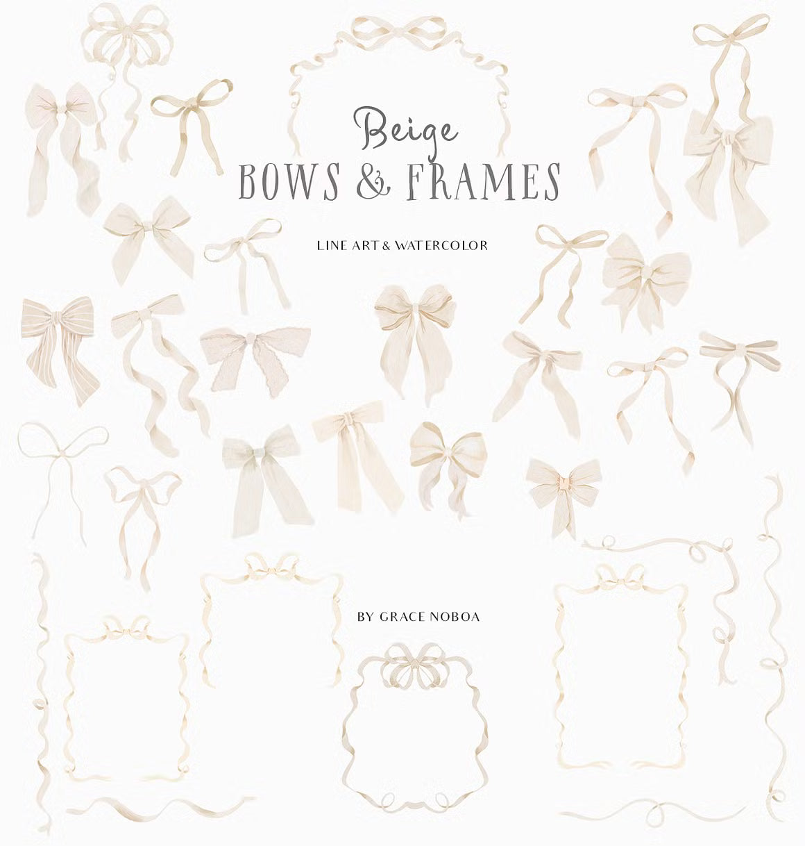 Watercolor Line art Bows Ribbons Set
