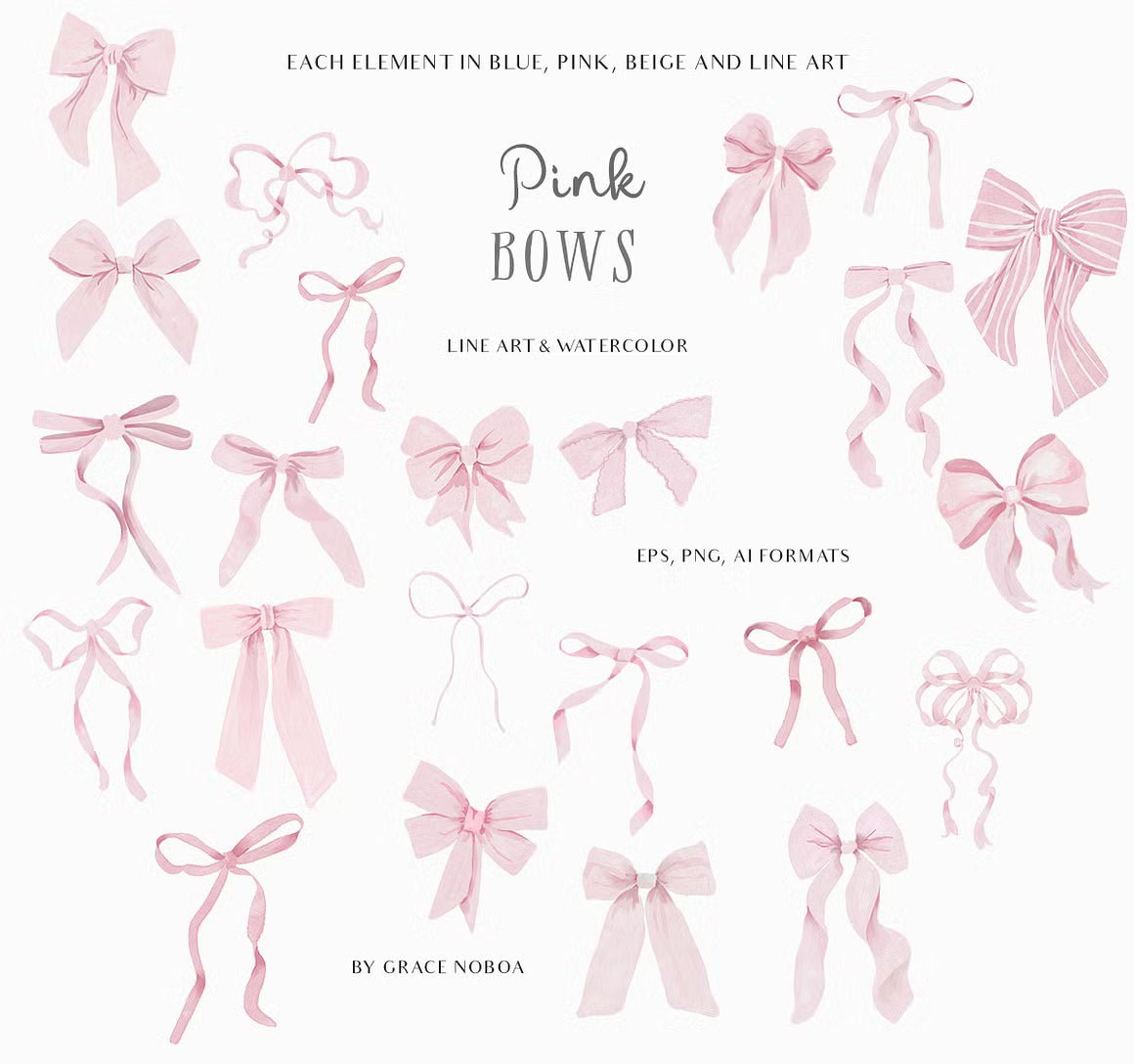Watercolor Line art Bows Ribbons Set