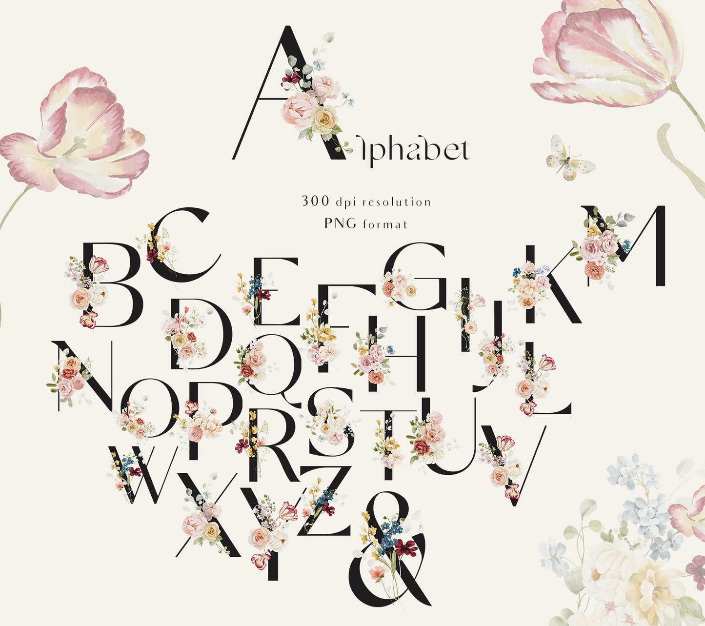 Watercolor Bright Garden flowers clipart collection