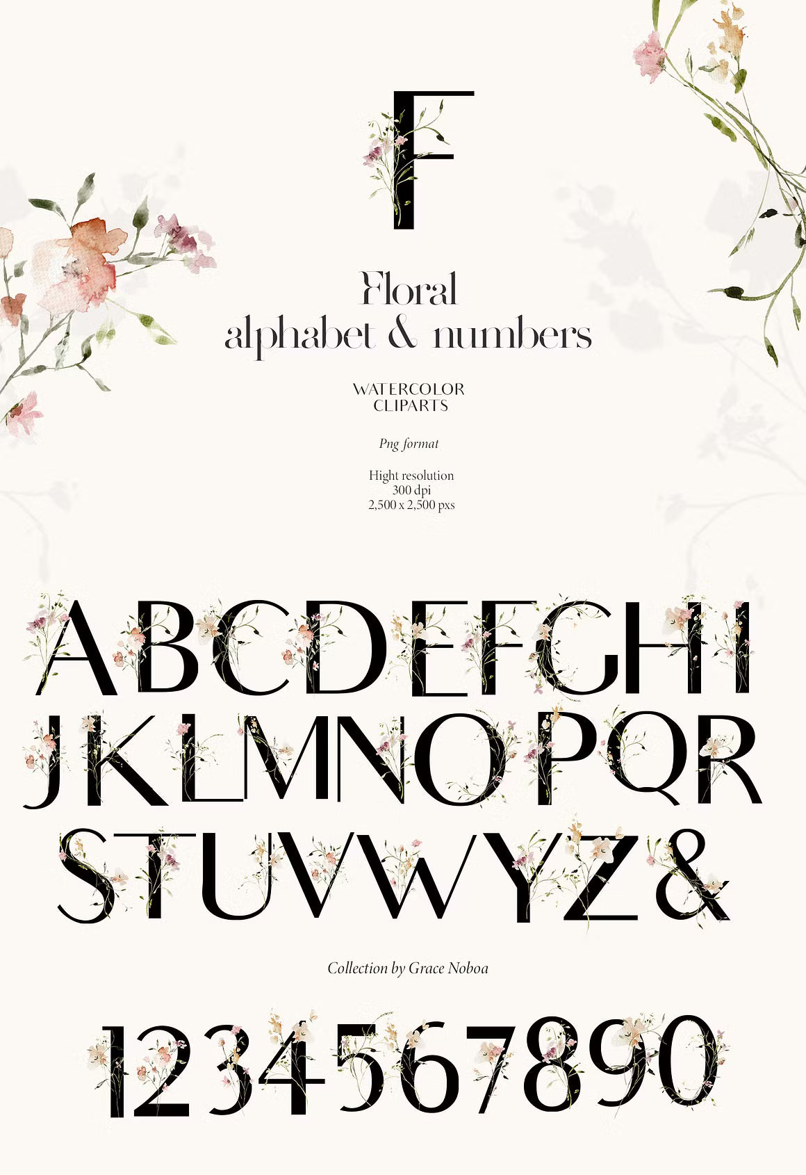 Subtle delicate peach & pink flowers watercolor clipart