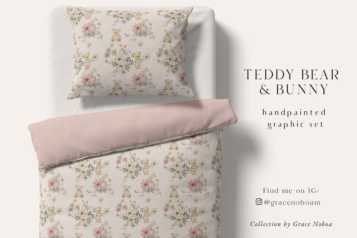 Teddy Bear & Bunny Watercolor spring illustrations