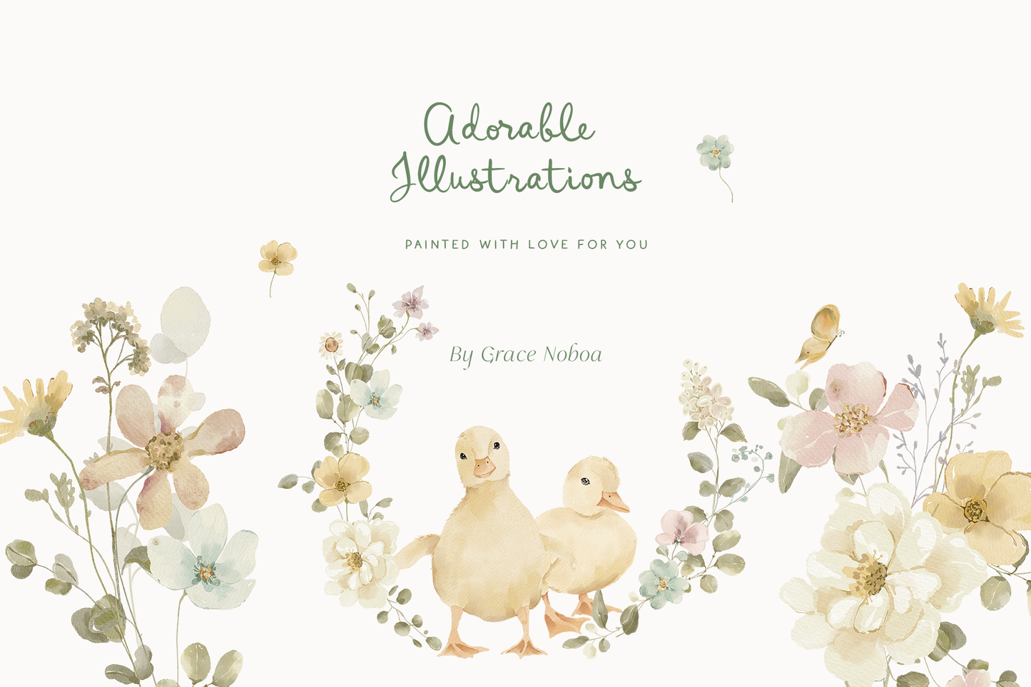 Easter watercolor cottagecore Bunny Spring wildflower meadow set