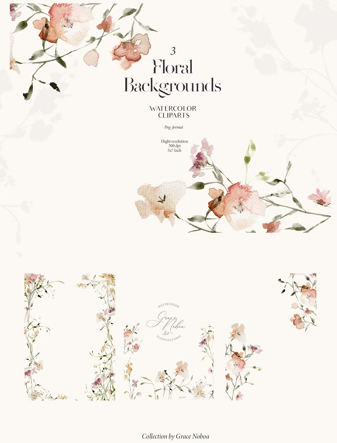 Subtle delicate peach & pink flowers watercolor clipart