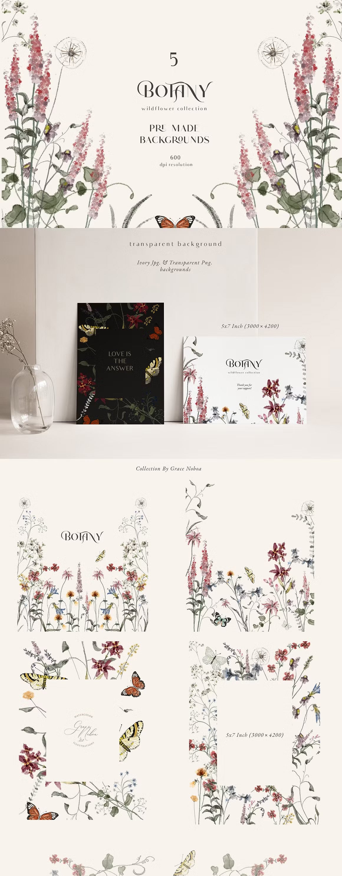 Botanical Wildflower tiny flowers set neutral muted tones clipart