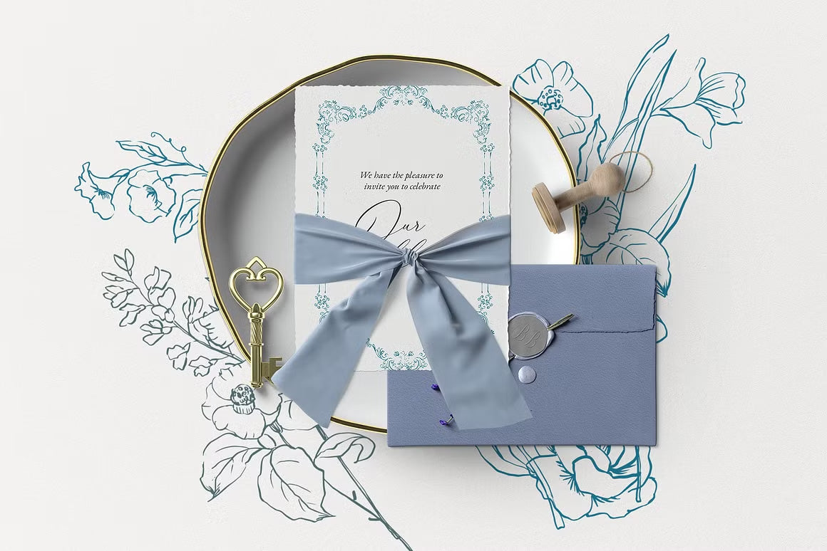 Blue Victorian vintage Line art set vector clipart