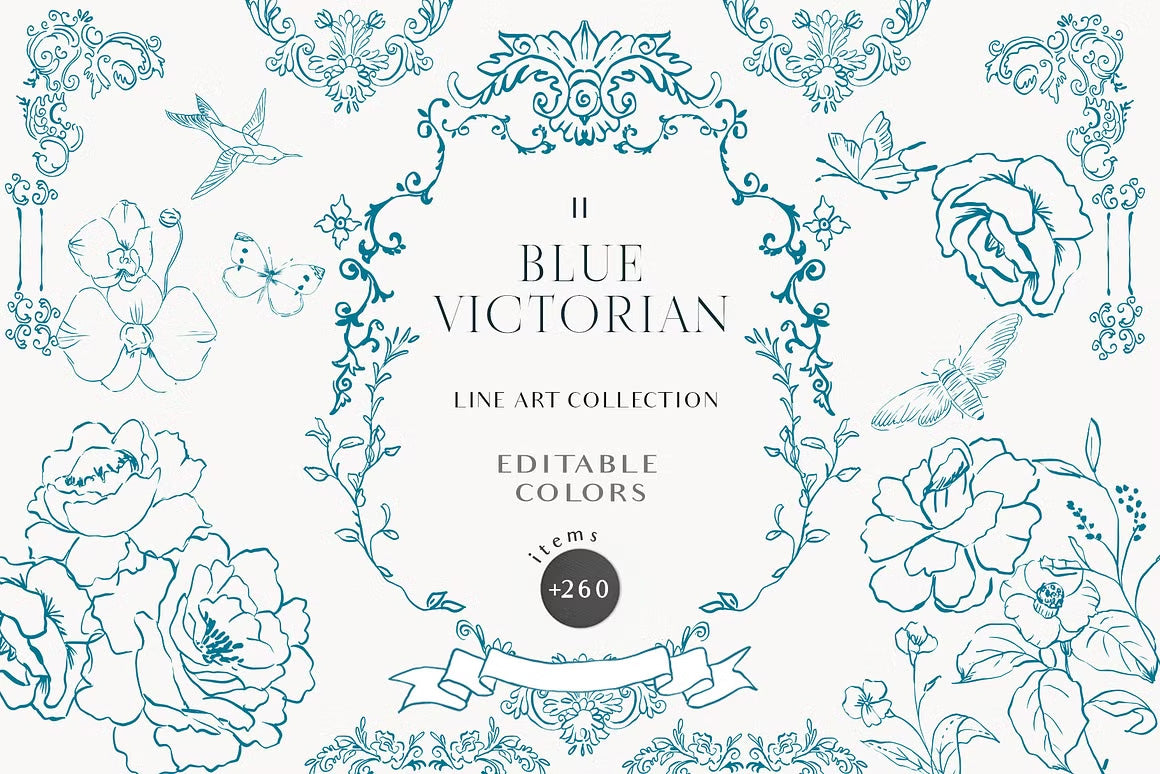 Blue Victorian vintage Line art set vector clipart