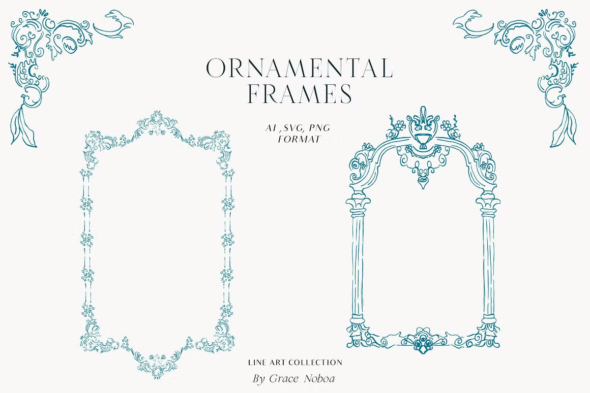 Blue Victorian vintage Line art set vector clipart