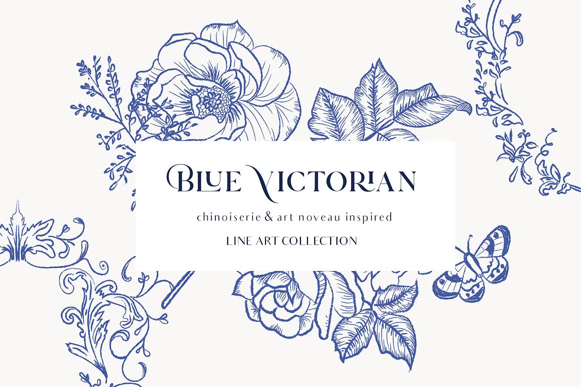 Blue Victorian & Chinoiserie line art set