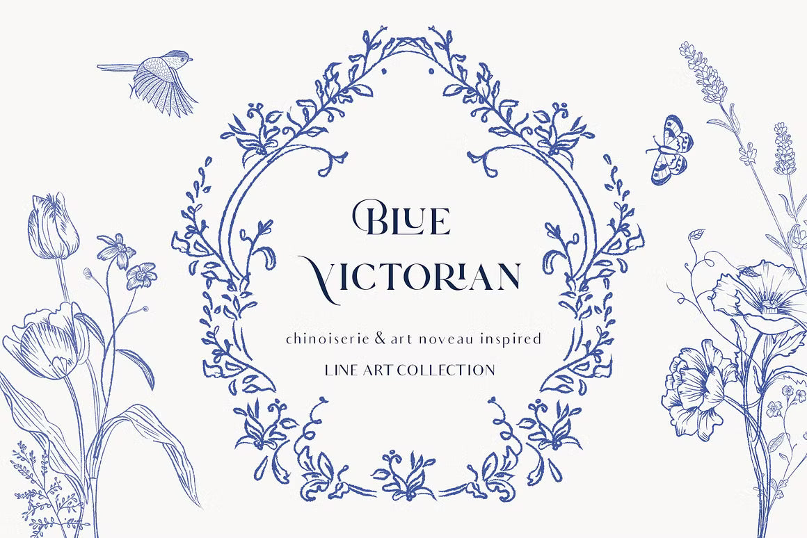 Blue Victorian & Chinoiserie line art set
