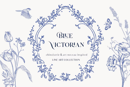 Blue Victorian & Chinoiserie line art set
