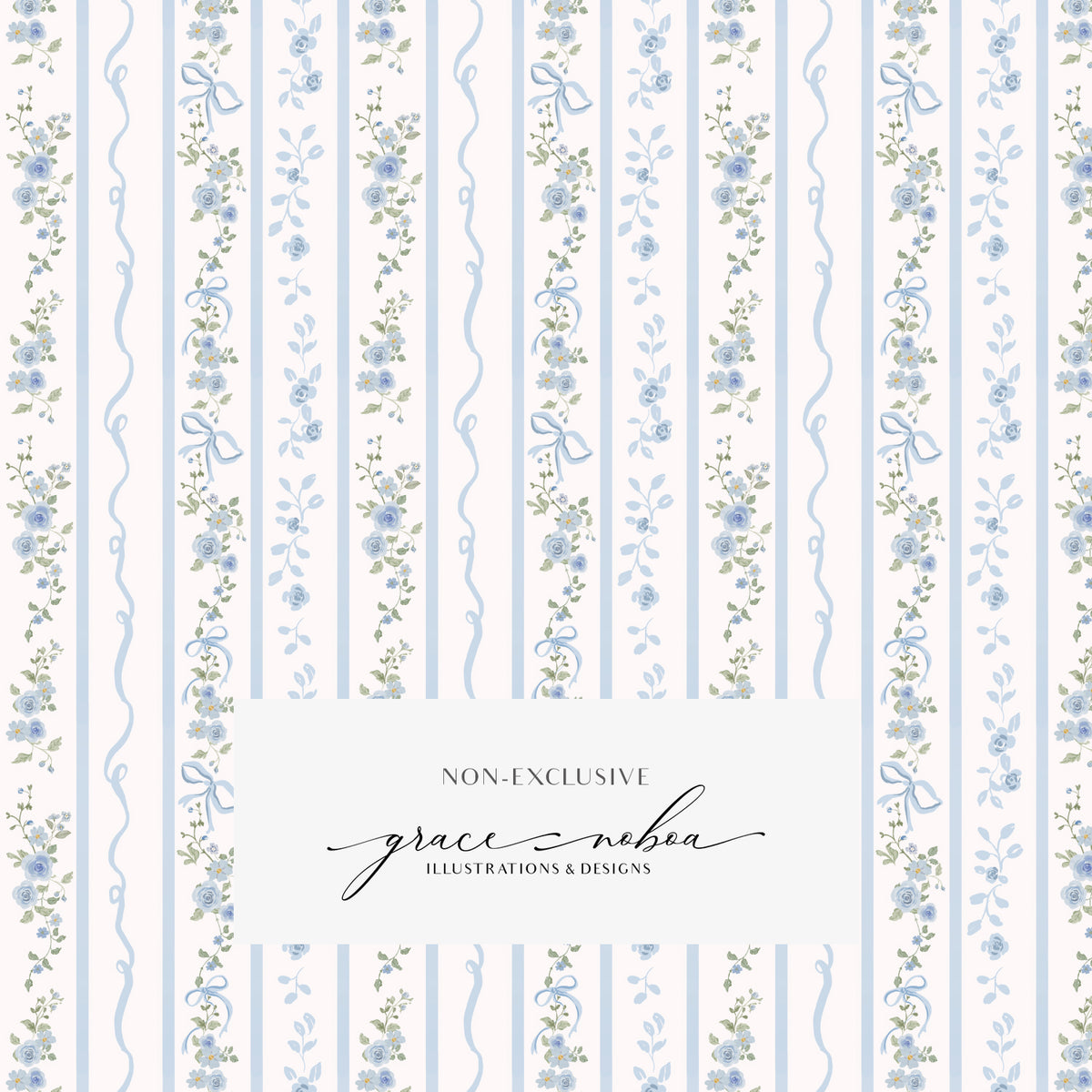 BLUE JOLENE- Blue Floral pattern file, vintage seamless pattern with bows and ribbons for wallpapers, clothing, paper
