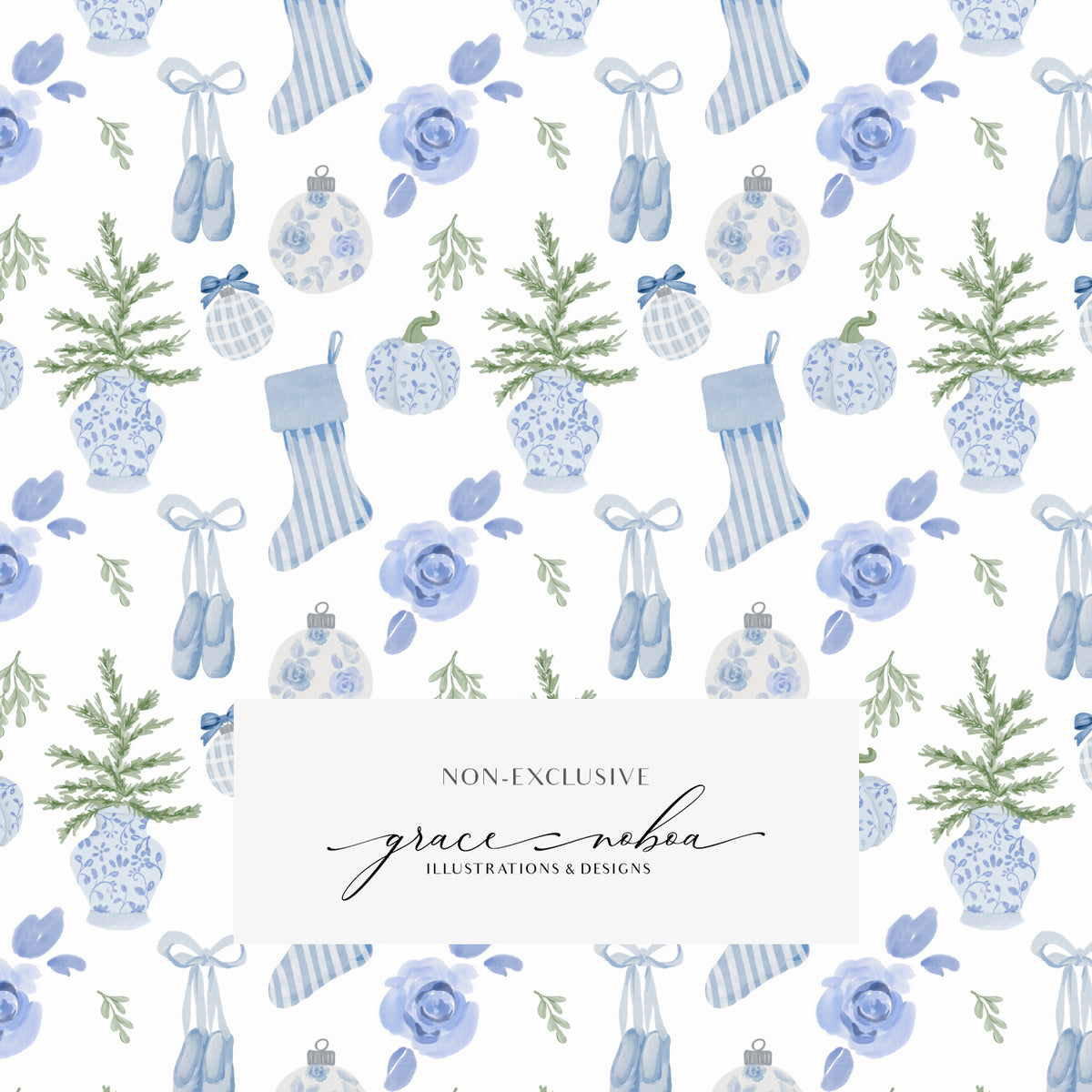 Blue christmas watercolor chinoiserie grandmillenial holiday pattern