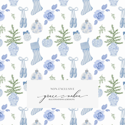 Blue christmas watercolor chinoiserie grandmillenial holiday pattern