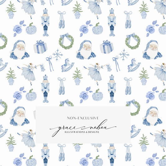 Blue christmas watercolor chinoiserie grandmillenial holiday pattern