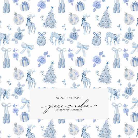 Blue christmas watercolor chinoiserie grandmillenial holiday pattern