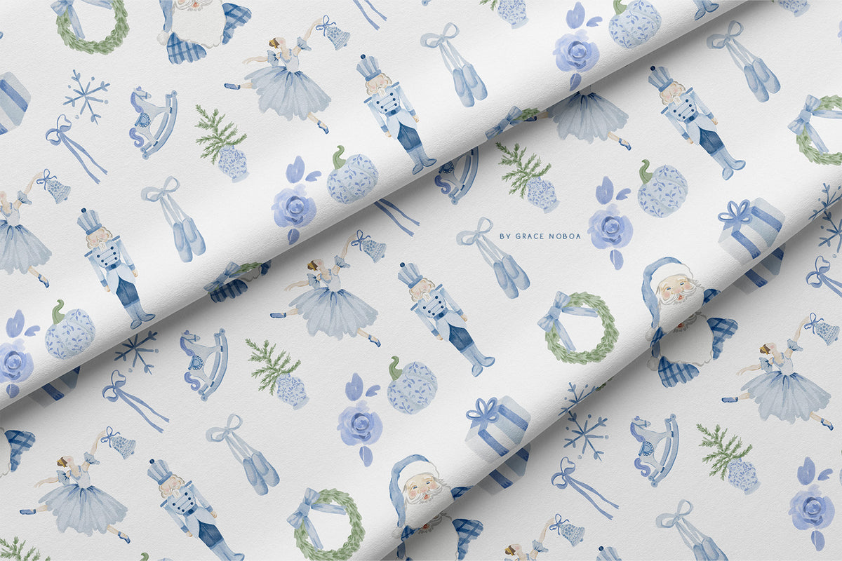 Blue christmas watercolor chinoiserie grandmillenial holiday pattern