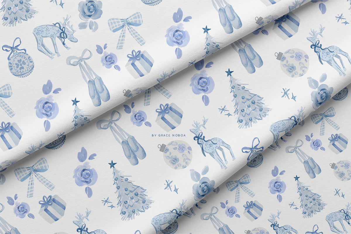 Blue christmas watercolor chinoiserie grandmillenial holiday pattern