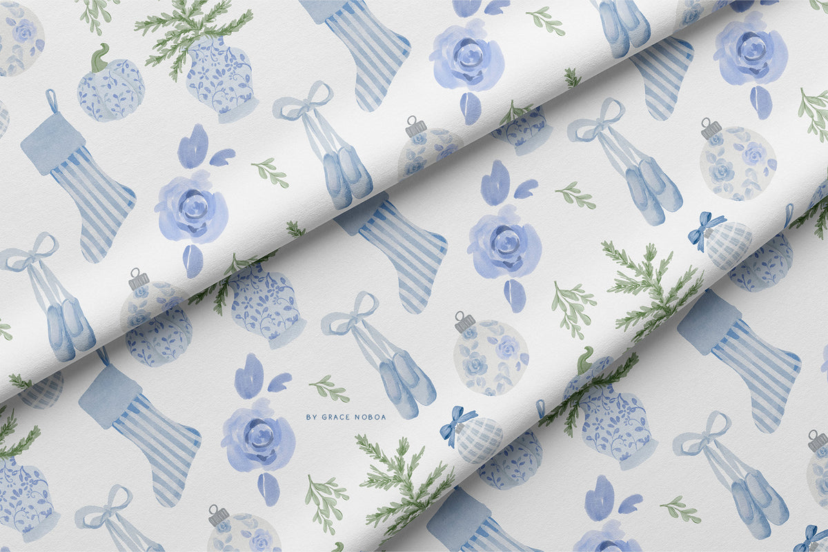 Blue christmas watercolor chinoiserie grandmillenial holiday pattern