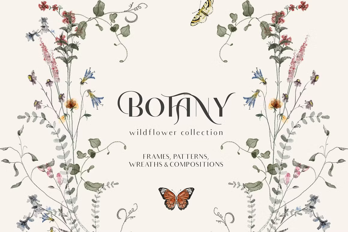 Botanical Wildflower tiny flowers set neutral muted tones clipart