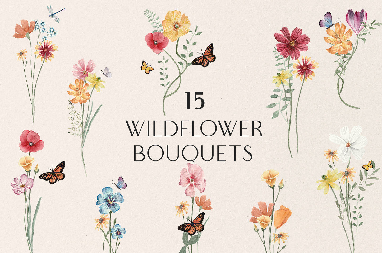 Meadow bright wild flowers watercolor clipart set