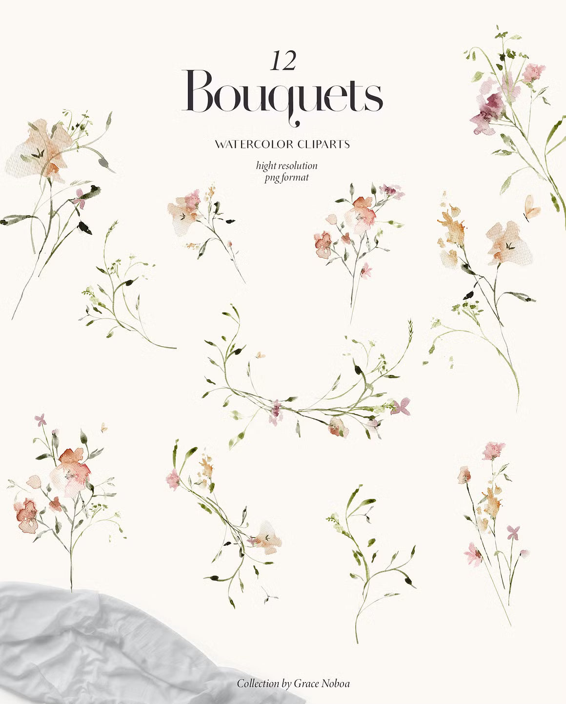 Subtle delicate peach & pink flowers watercolor clipart