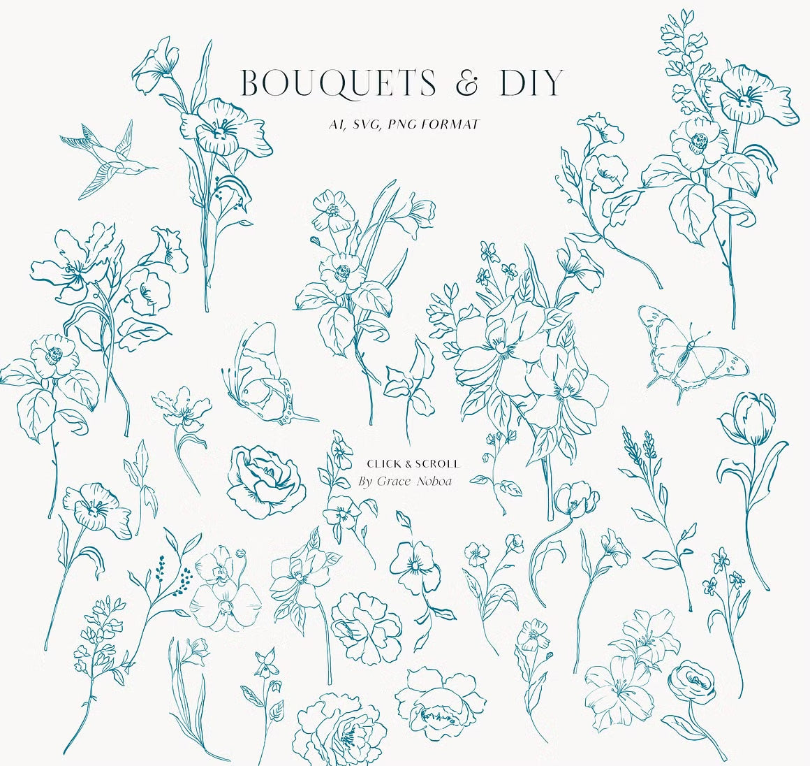 Blue Victorian vintage Line art set vector clipart