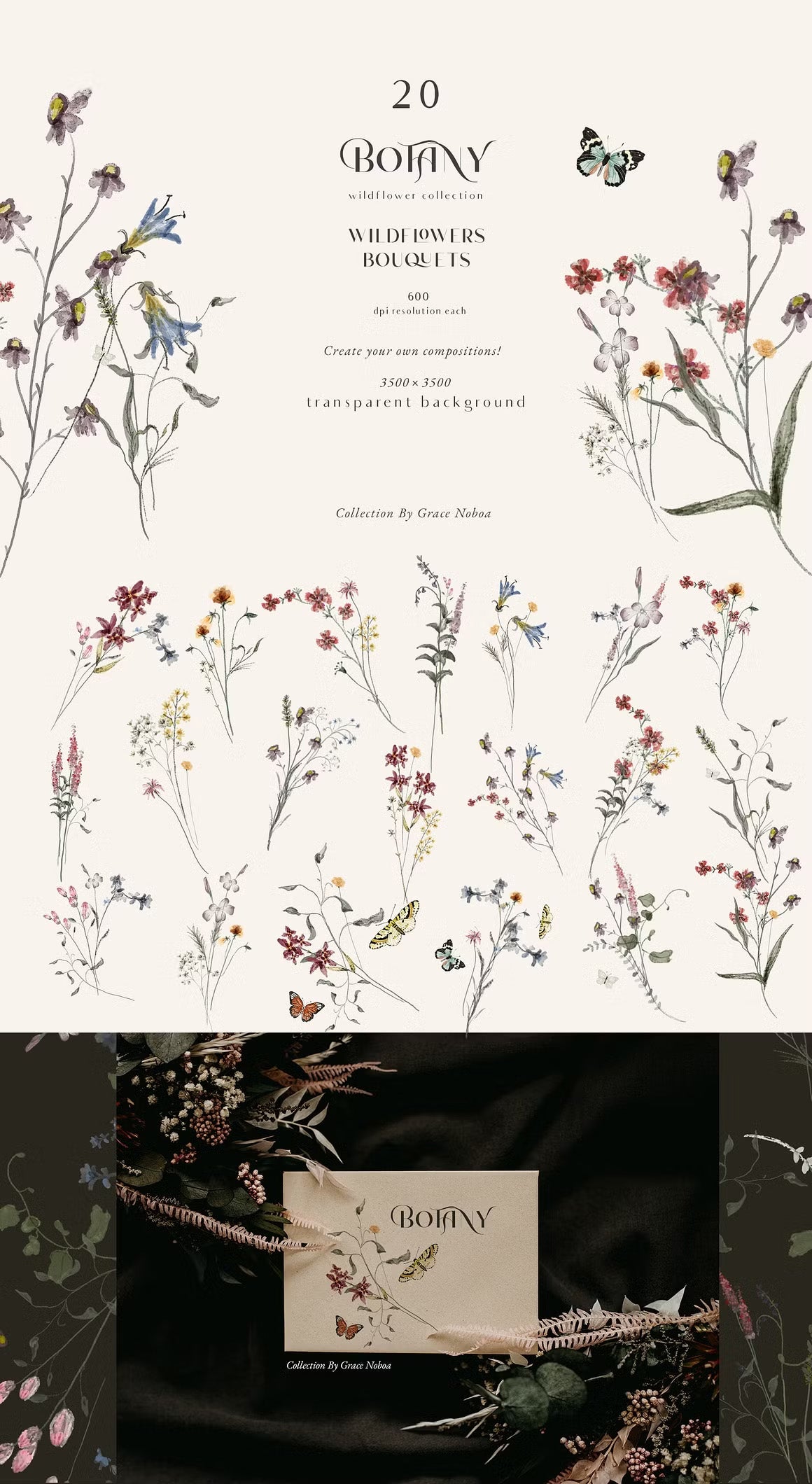 Botanical Wildflower tiny flowers set neutral muted tones clipart