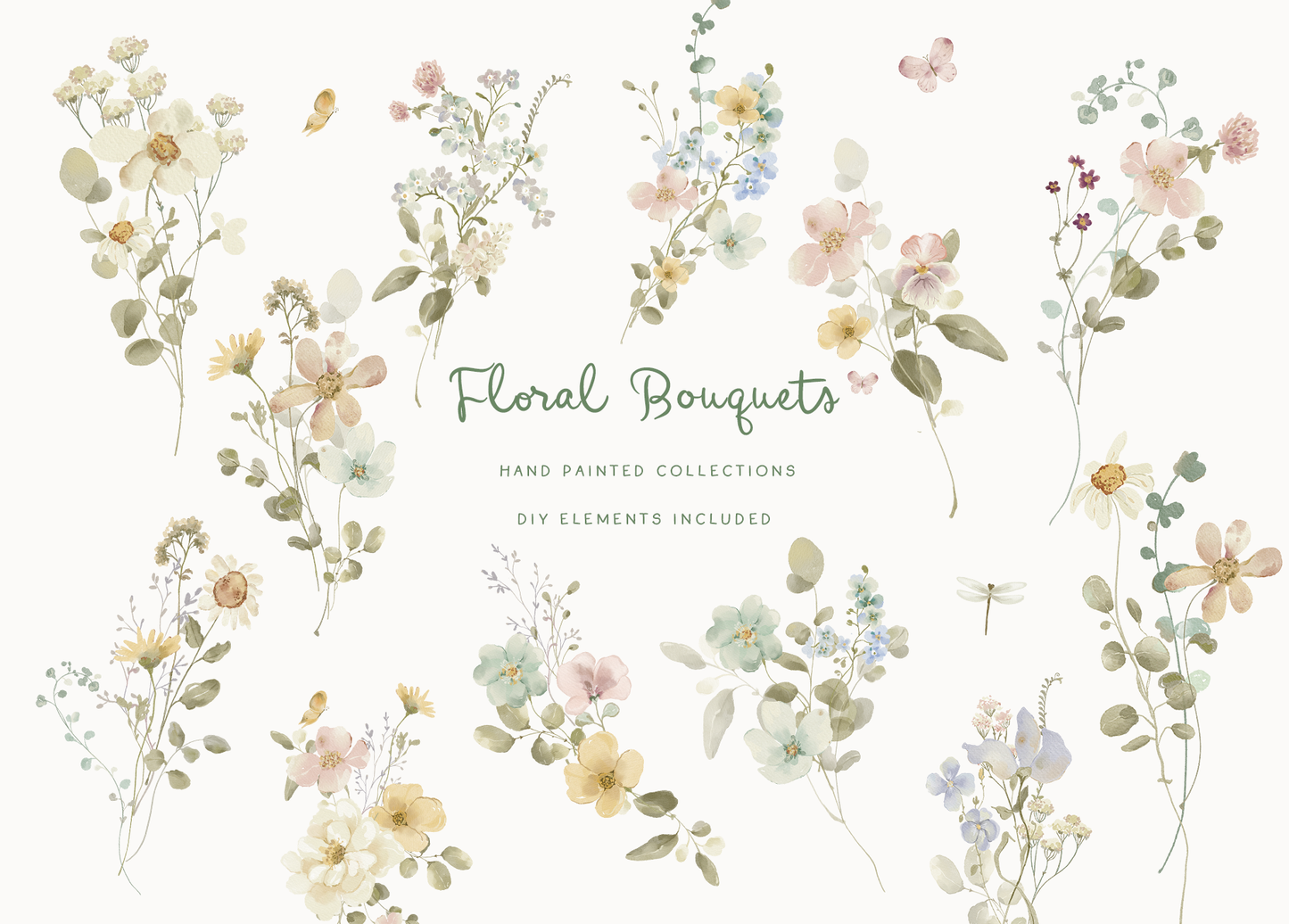 Easter watercolor cottagecore Bunny Spring wildflower meadow set